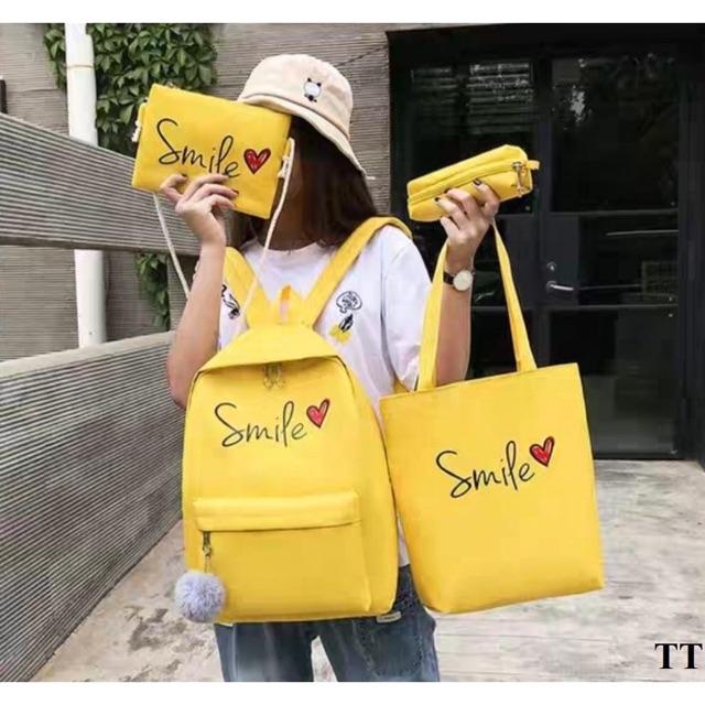 Balo thời trang, balo đi học, đựng laptop Balo Set 4 Món Smile balo nữ vải