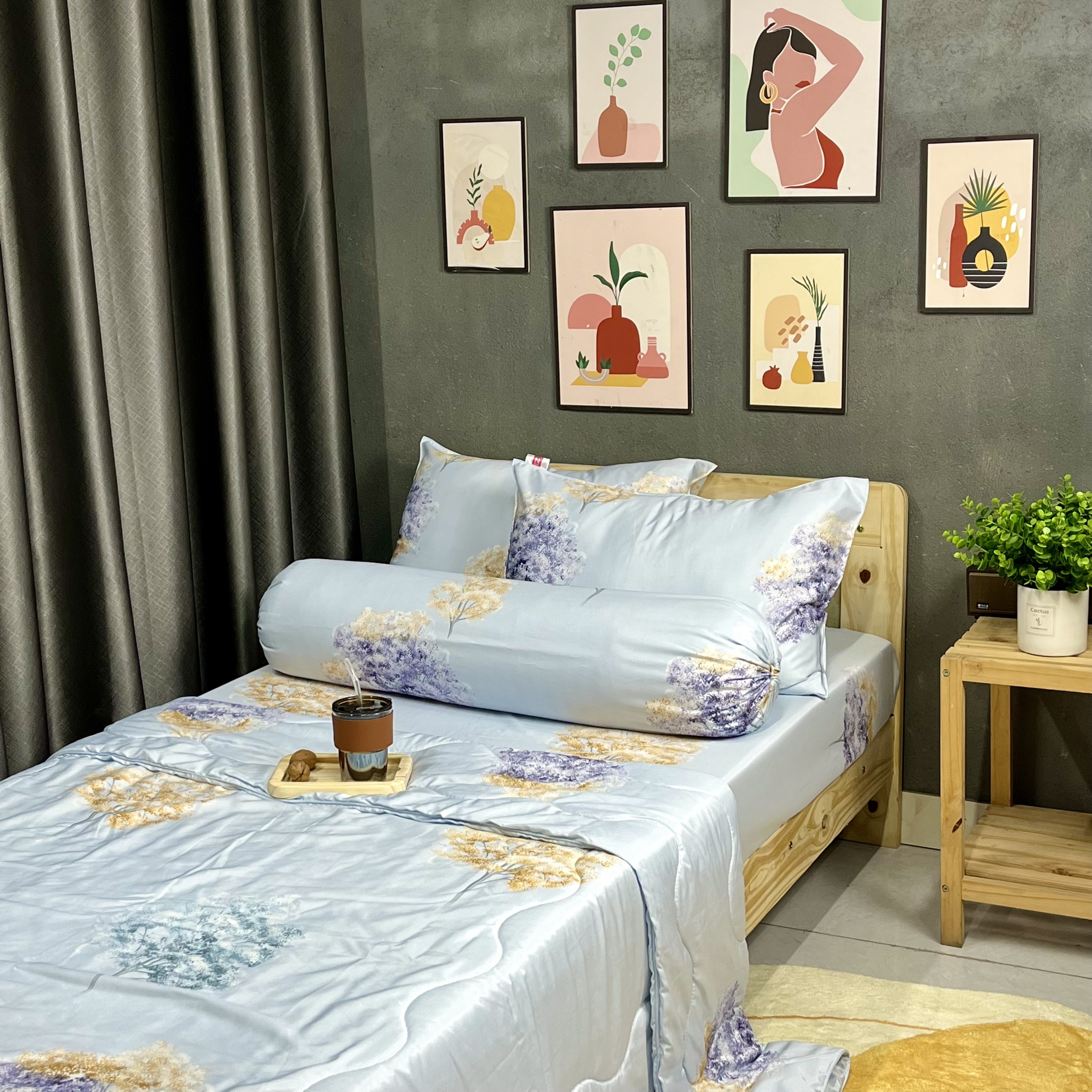 Bộ Chăn Ga Gối Đệm Phi Lụa Tencel Bộ Chăn Ga 5 Món Drap Giường