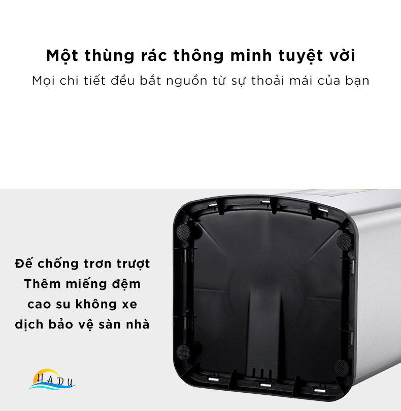 Thùng rác thông minh cao cấp cảm biến tự động đóng mở nắp 360 toàn bộ thân thùng chống ẩm chống bẩm bụi vân tay tốt HADU