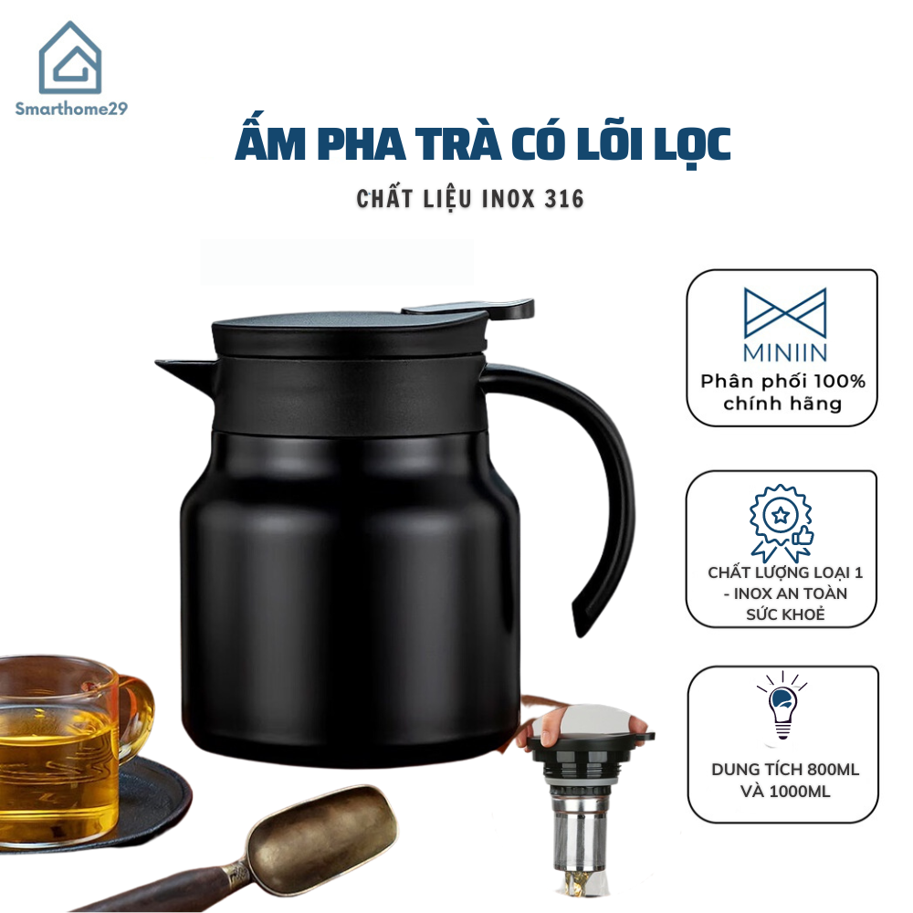 Ấm Pha Trà Giữ Nhiệt Inox 316 Dung Tích 800ml - 1000ml Hàng Cao Cấp, Phích Giữ Nhiệt Nước Nóng, Lạnh Có Lọc Tiện Dụng - HÀNG CHÍNH HÃNG MINIIN