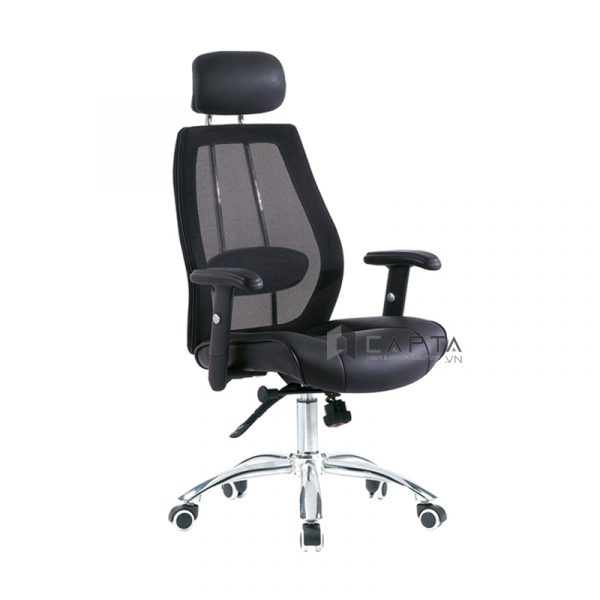 Ghế xoay văn phòng lưng ngả CM4306-M1 Nội thất Capta Ghế ngồi làm việc tại nhà lưng lưới nệm bọc da PVC có tựa đầu lưng ngã đa chiều có tay chữ T điều chỉnh