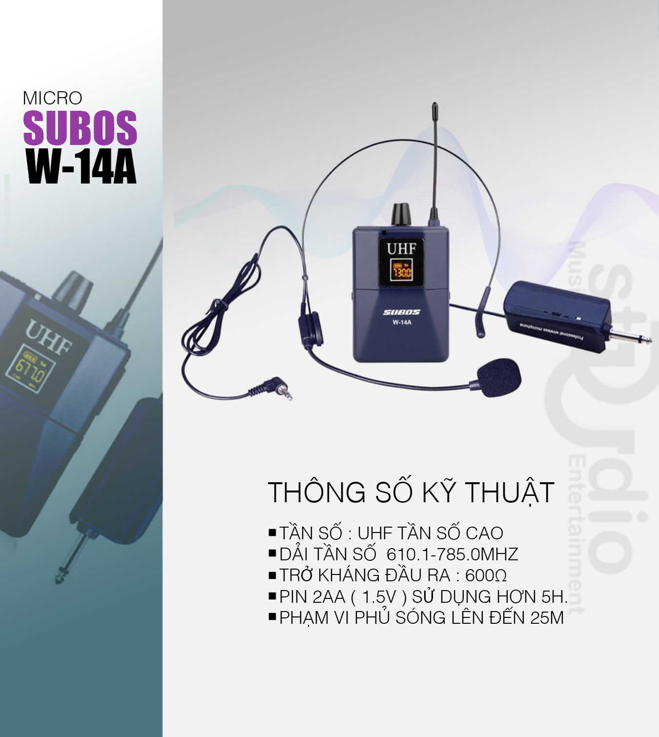 Micro không dây Subos W-14A - Micro đeo tai UHF hỗ trợ giảng dạy, thuyết trình, livestream - Phạm vi rộng đến 25m, nhạy, chống hú tốt - Kết nối được hầu hết các thiết bị âm thanh: sound card, amply, mixer, loa kéo … - Hàng nhập khẩu