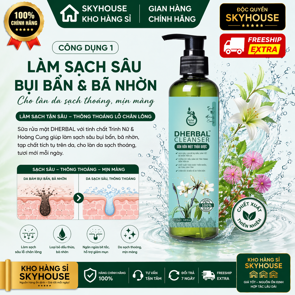 Sữa rửa mặt trị mụn thiên nhiên chiết xuất trinh nữ hoàng cung độc quyền DHERBAL chai 150ml dưỡng trắng da chính hãng