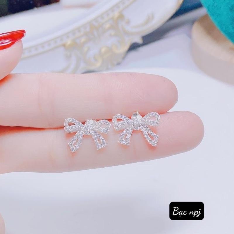 Bông tai nơ đính đá , Hoa tai dáng nụ xinh xắn , bạc ta - Bạc npj