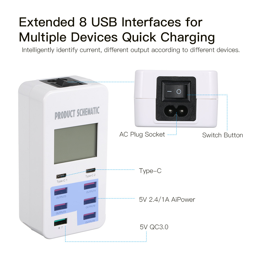 Bộ Sạc Nhanh 3.0 8a USB 6 Cổng Để Bàn Với 2 Cổng Loại C Màn Hình LCD