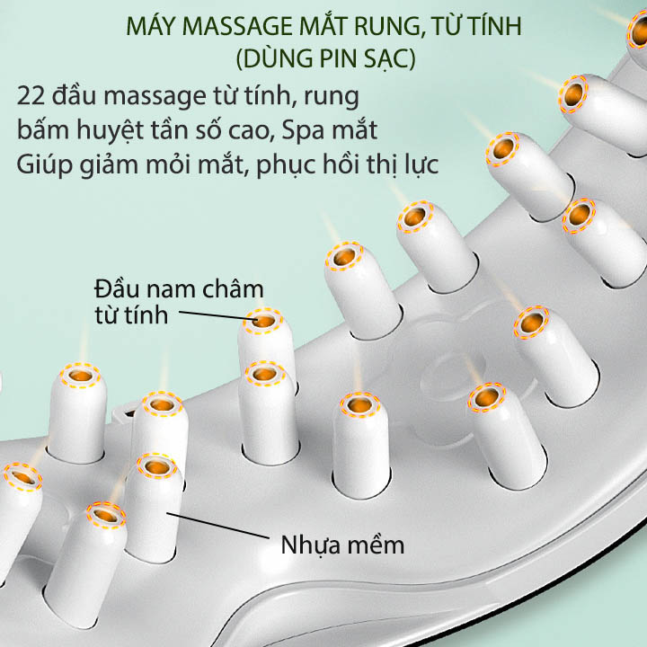 Máy massage mắt, rung 22 đầu từ tính, dùng pin sạc, nhiều chế độ rung