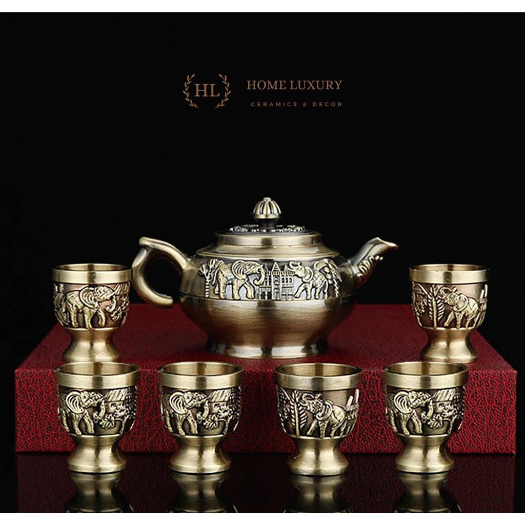 Bộ ấm trà đồng 6 ly | Bộ ấm trà ban thờ phật - thần tài cao cấp hoa văn họa tiết voi Thái phú quý đại cát