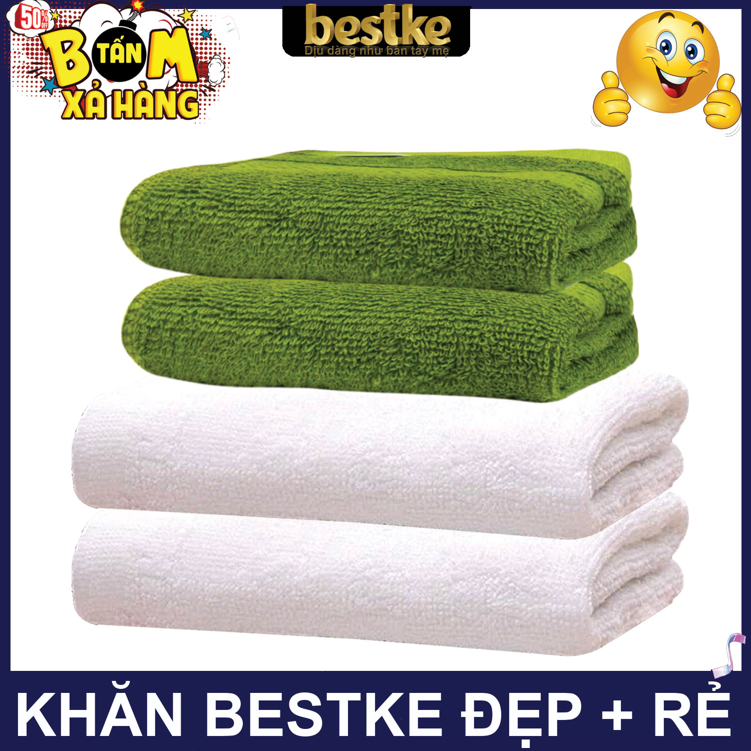 Combo 2 Khăn gội và 2 khăn mặt bestke 100% cotton, 2 màu trắng + 2 xanh lá, KT 83*33cm + 48*28cm, cotton towel, bestke towel