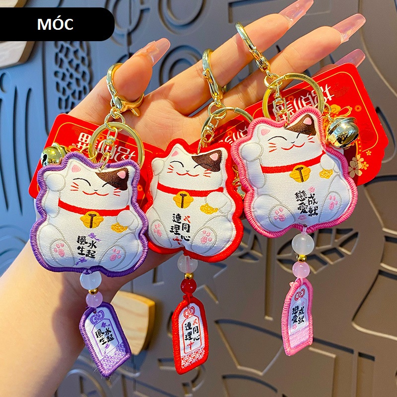 Móc khóa Mèo thần tài bằng vải thêu