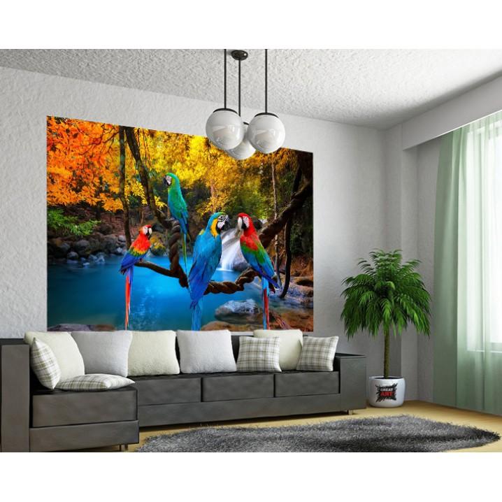 Vẹt nam mỹ và phong cảnh mùa thu,Tranh dán tường 3d trang trí phòng hiện đại 1,2m x 1,9m MS1241981845