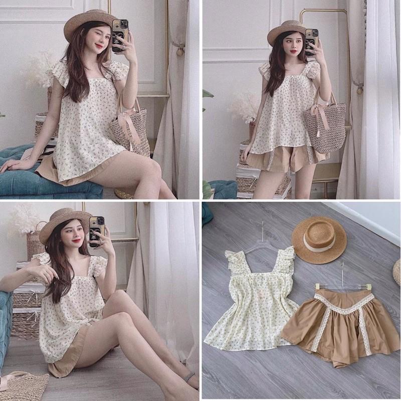S925 Set Áo Hoa Nhí Tay Cánh Tiên Phối Chân Váy Dáng Xoè Đính Viền Ren Sang Trọng