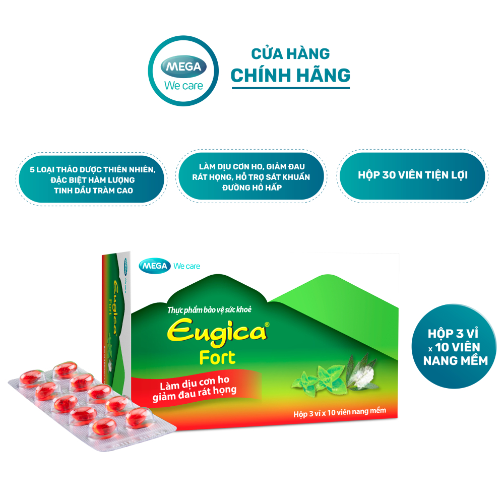 Viên uống thảo dược hỗ trợ dịu họng, giảm ho Eugica FORT (Hộp 3 vỉ x 10 viên)