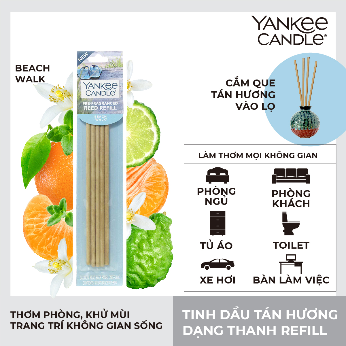 Refill Tinh dầu tán hương dạng thanh Yankee Candle - Beach Walk (gồm 5 thanh tán hương, không kèm lọ)