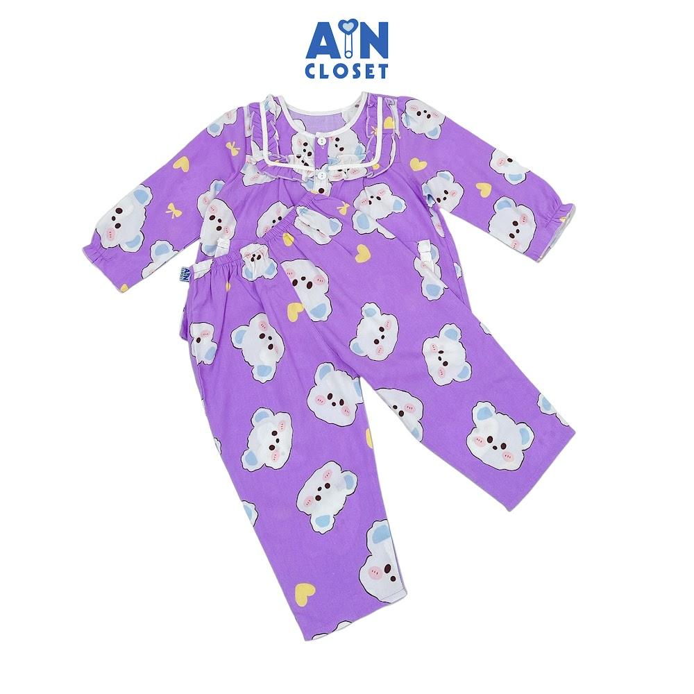 Bộ quần áo Dài bé gái hoạ tiết Gấu Misa Tím Lanh lụa - AICDBGGZGK2B - AIN Closet