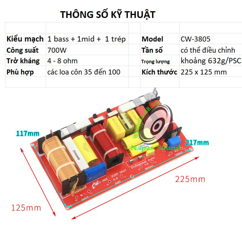 MẠCH PHÂN TẦN 3 LOA BASS TRUNG TRÉP CW3805 - LẮP CHO LOA CÔN 75 100MM - MẠCH PHÂN TẦN 3 ĐƯỜNG TIẾNG