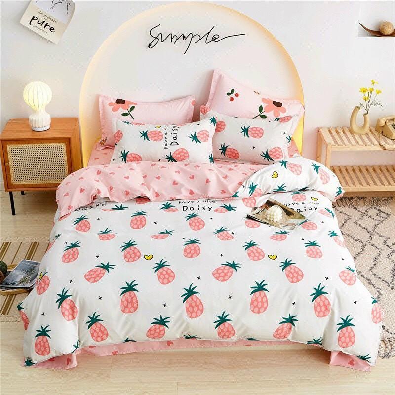 Bộ chăn ga gối Cotton poly M2T bedding, vỏ chăn mền, drap ga giường và 2 vỏ gối - PL quả dứa hồng