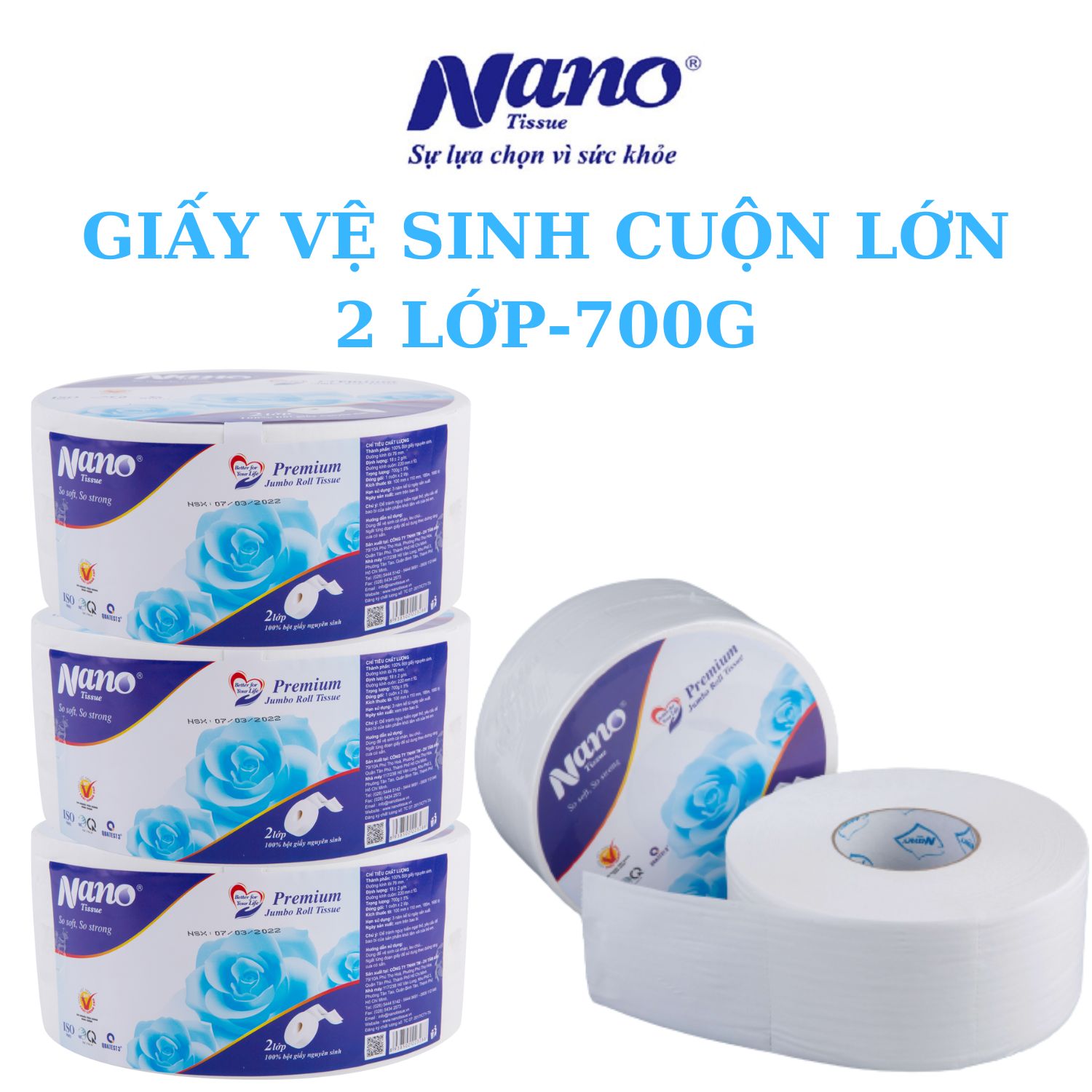Combo 5 cuộn giấy vệ sinh Nano loại lớn 700g, giấy 2 lớp dày dặn, không vụn giấy, an toàn khi sử dụng - Nano Tissue
