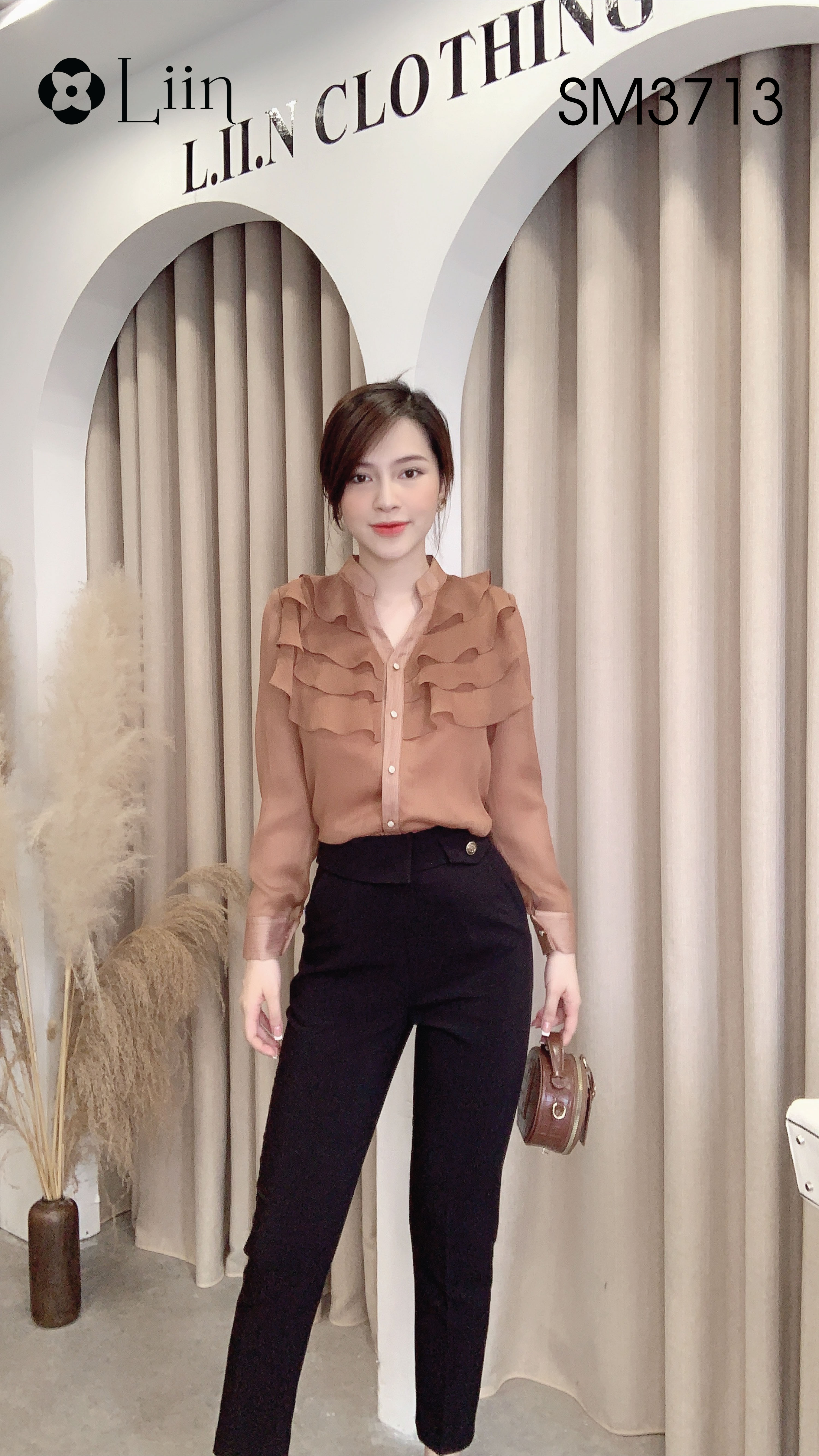 Áo sơ mi dài tay màu nâu mix cổ tàu cách điệu bèo tầng xinh xắn LINBI SM3713