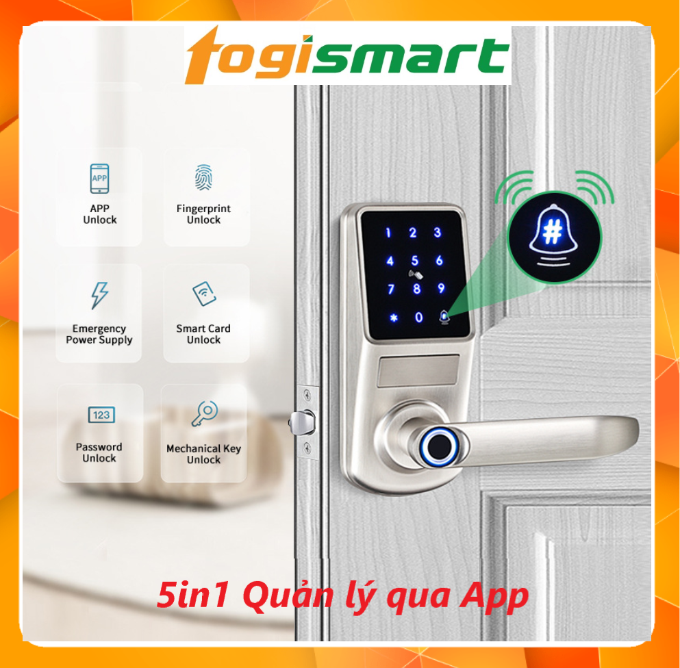 Khóa vân tay 5in1 - chuyên dụng thay thế khóa tròn cơ - vân tay, mật khẩu, thẻ từ, chìa cơ, App - TOGISMART - HÀNG NHẬP KHẨU