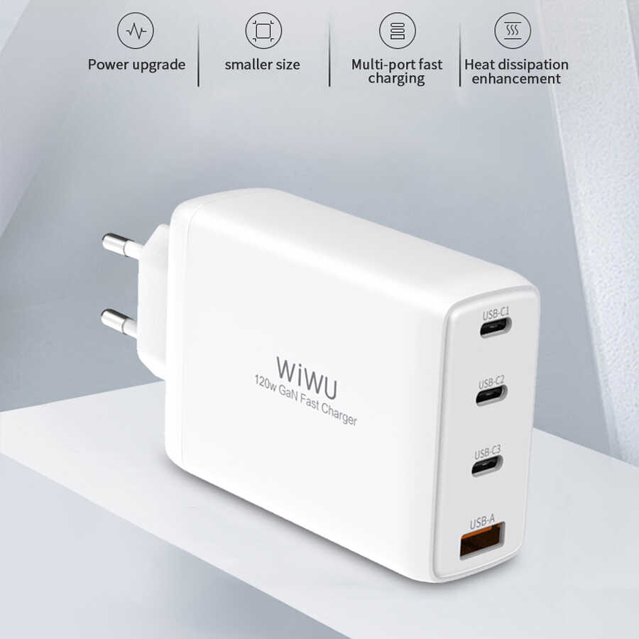 Adapter củ cóc sạc nhanh 120W đa năng 4 in 1 gồm 1 USB A và 3 PD Type-C hiệu WIWU Mini GaN Quick Charger chuẩn sạc nhanh PD 3.0 &amp; QC 4.0 (công nghệ GAN + Silic, chip sạc thông minh, công nghệ tản nhiệt mới, chân cắm US-UK) - Hàng nhập khẩu