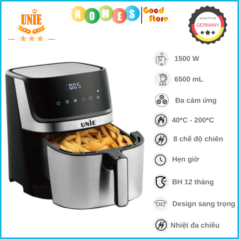 Nồi Chiên Không Dầu UNIE UE-600 Tiêu Chuẩn Đức 8 Chương Trình Nướng Dung Tích 6.5 Lít Công Suất 1500 W - Hàng Chính Hãng