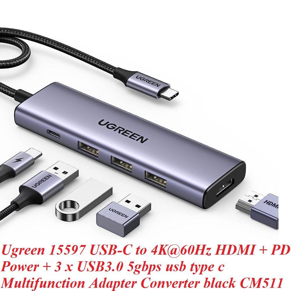 Ugreen UG15597CM511TK USB type C sang 1 x HDMI 4K60Hz + 3 x USB 3.0 + 1 x USB-C PD 100W Bộ chuyển 5in1 - HÀNG CHÍNH HÃNG