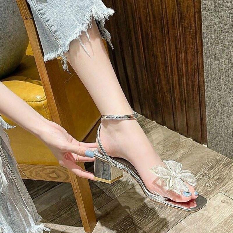 Sandal quai trong gắn nơ, sandal gót vuông 5cm