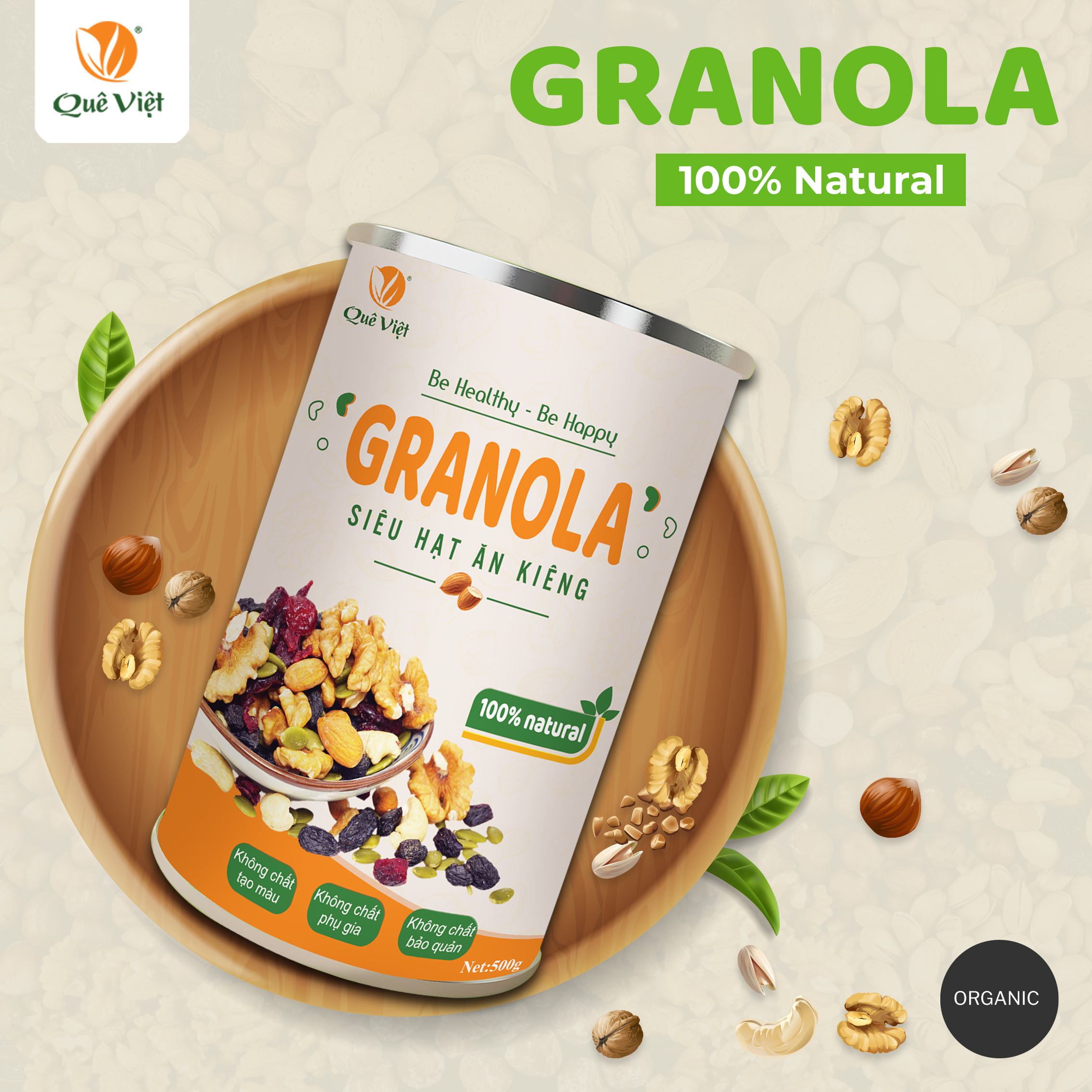 Granola siêu hạt ngũ cốc ăn kiêng Quê Việt, nguyên liệu hữu cơ - combo 5 hộp x 500g/hộp + Tặng 1 hộp trà gạo lứt Quê Việt 600gr (20 túi * 30gr)