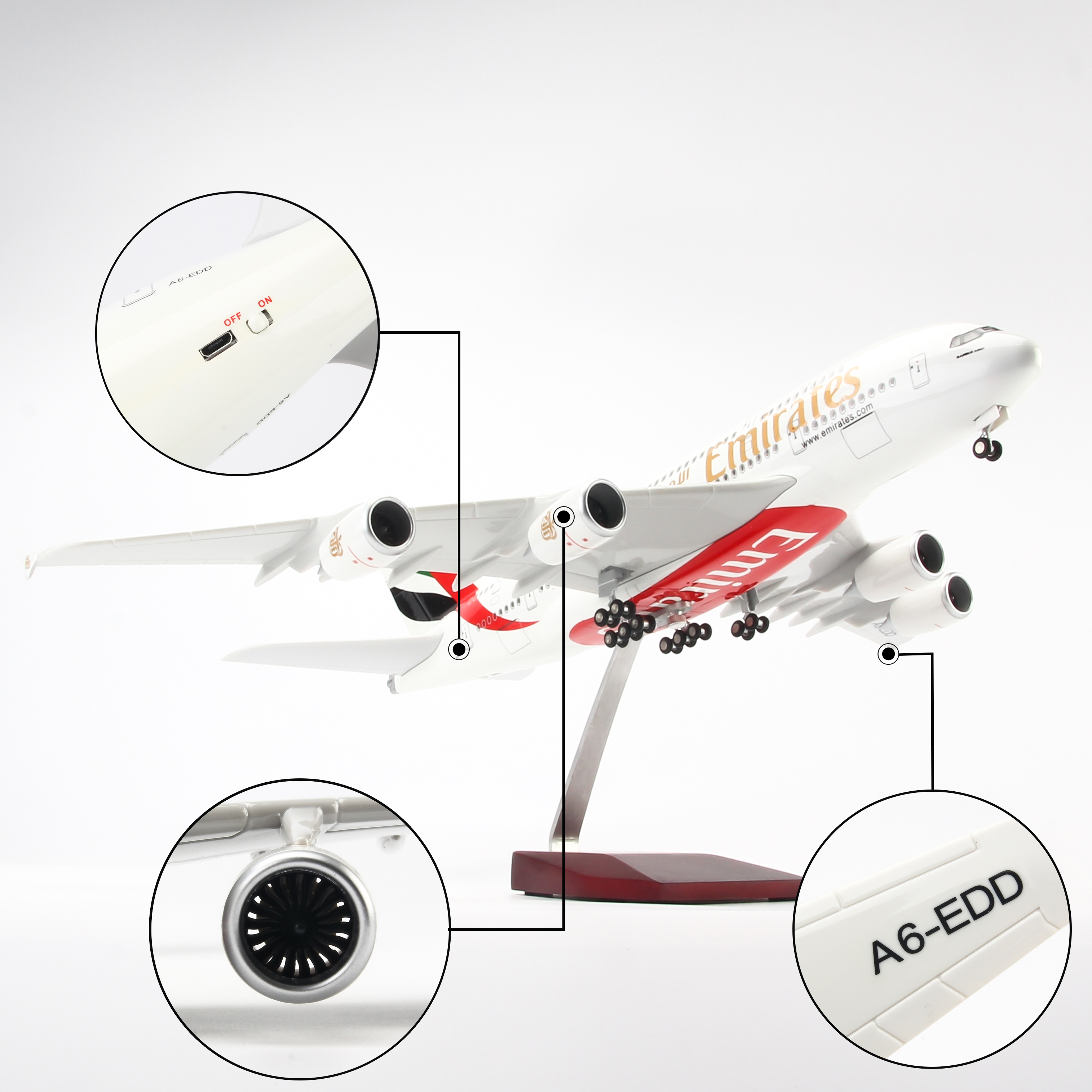 Mô hình máy bay Emirates Airbus A380 lắp ráp có đèn 47cm MBMH46