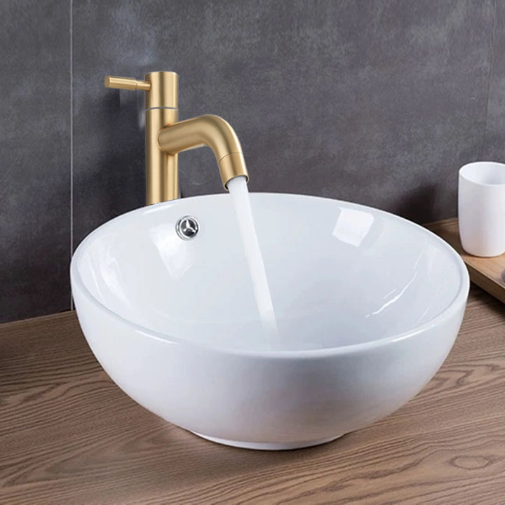 Vòi chậu rửa Lavabo nước lạnh, bằng inox 304 mạ màu vàng, loại dài 29.5cm lắp cho chậu lavabo nổi