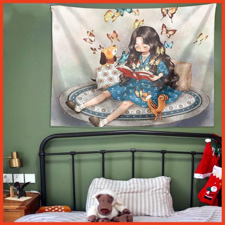 Tranh vải treo tường - Tranh vải decor - Thảm trang trí hình cô gái đang đọc sách, tặng kèm móc treo tiện lợi