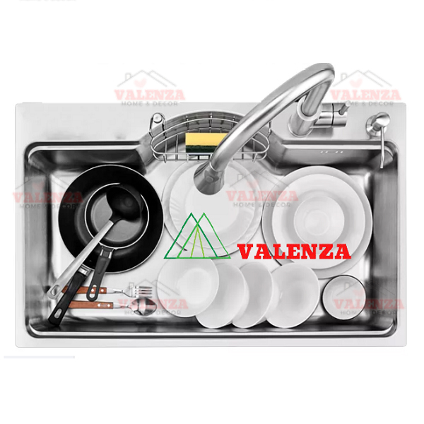 Chậu rửa chén bát 1 hố lớn dạng ĐÚC dày 3,5 li Valenza kiểu dáng Hàn Quốc inox 304 chuẩn 100% kèm chậu phụ inox304, bộ xả thoát to-Hàng chính hãng