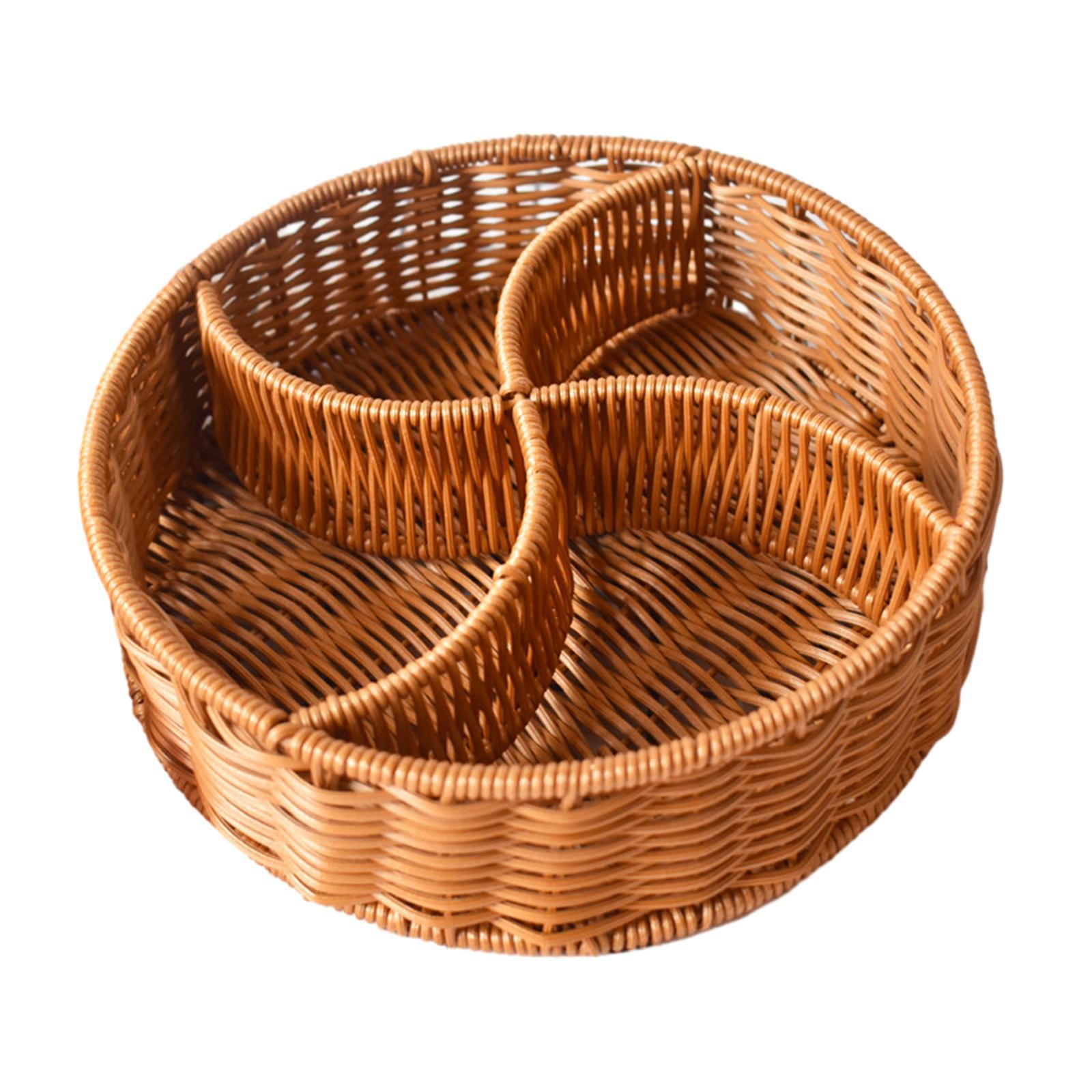 Hand Woven Serving Basket Food Storage Tray Divided Dividers Candy Serving Tray Round Fruit Basket for Hotel Breakfast Pantry