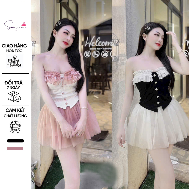 Set áo quây bèo mix chân váy lưới xòe