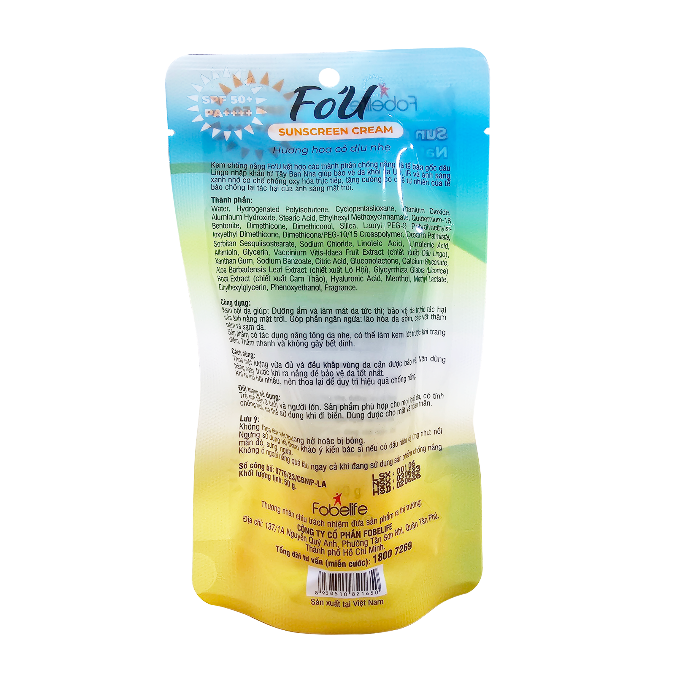 Kem Chống Nắng Fo'U SPF 50+ PA ++++, Nâng Tone Nhẹ, Dưỡng Ẩm Da, Chống Nước Không Gây Bết Dính - Tuýp 50g