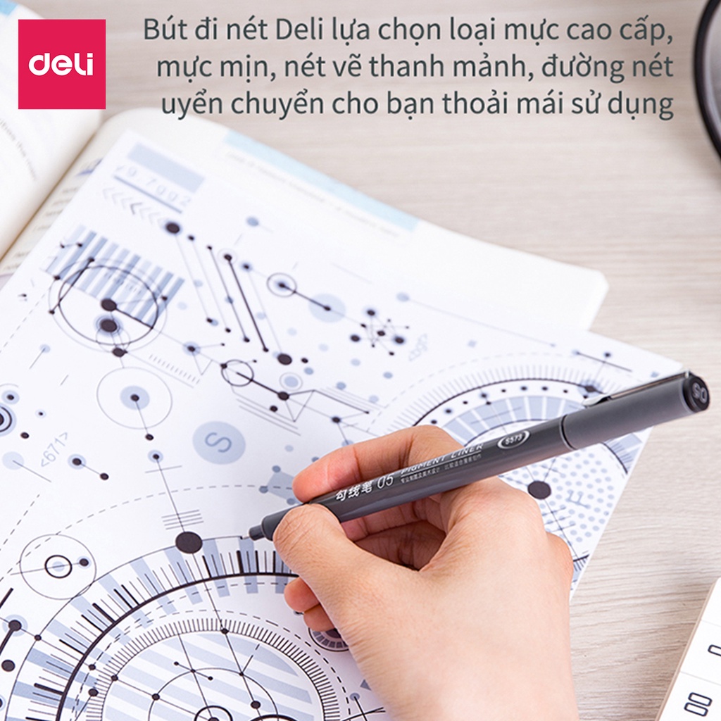 Set Bút Đi Nét Kỹ Thuật Nhiều Cỡ Ngòi Màu Đen Kháng Nước Caligraphy Deli - Phù Hợp Vẽ Viền Tranh Phác Hoạ Vẽ Kiến Trúc Công Nghệ - S573