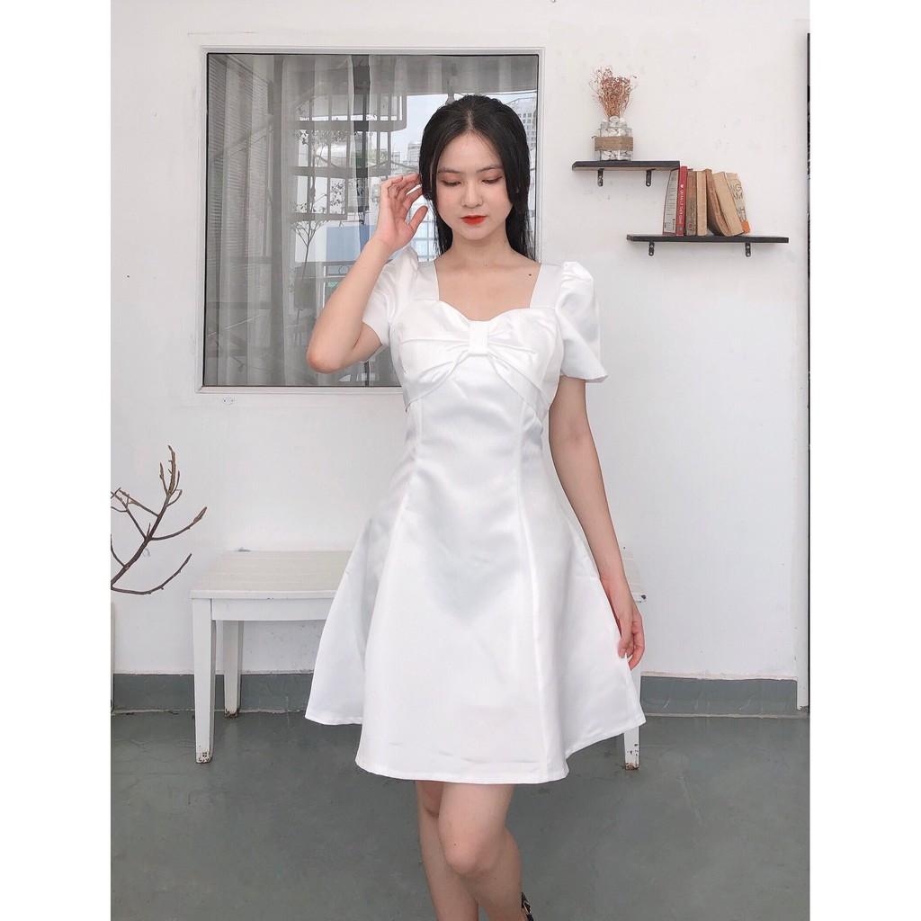 ĐẦM TAPTA TRẮNG CỔ RỘNG TAY LỠ PHỐI NƠ NGỰC DÁNG XÒE ĐẦM DỰ TIỆC-hình thật shop chụp