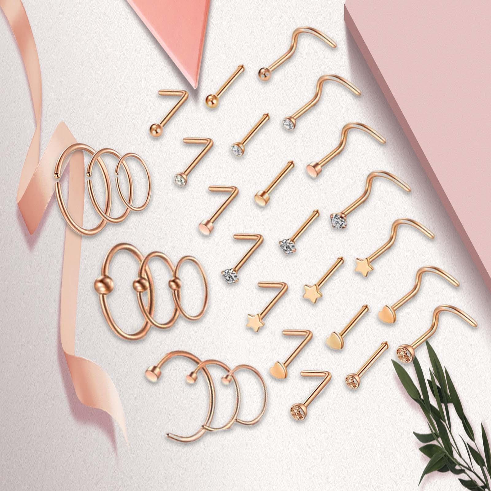 30Pcs Stainless Steel Stud Nose Ring L Shape Nose Piercing for Womens Mens