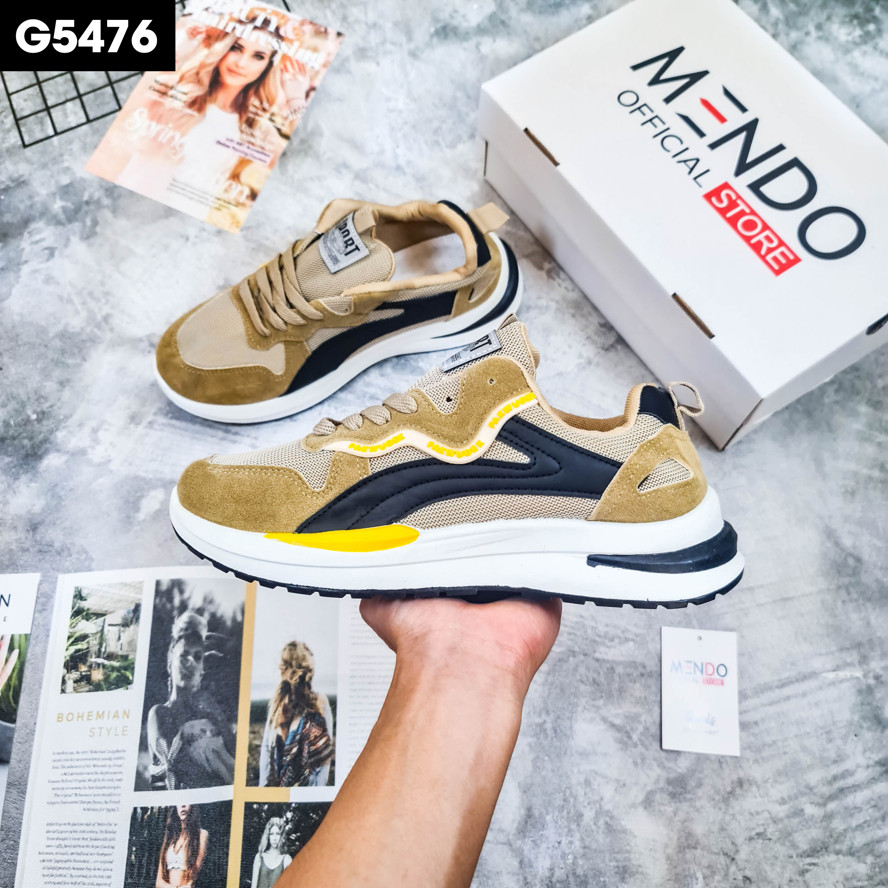 Giày Thể Thao Nam MENDO - Giày Sneaker Màu Kaki - Xám - Đế Êm , Vải Thoáng, Khử Mùi Hôi Chân - G5476