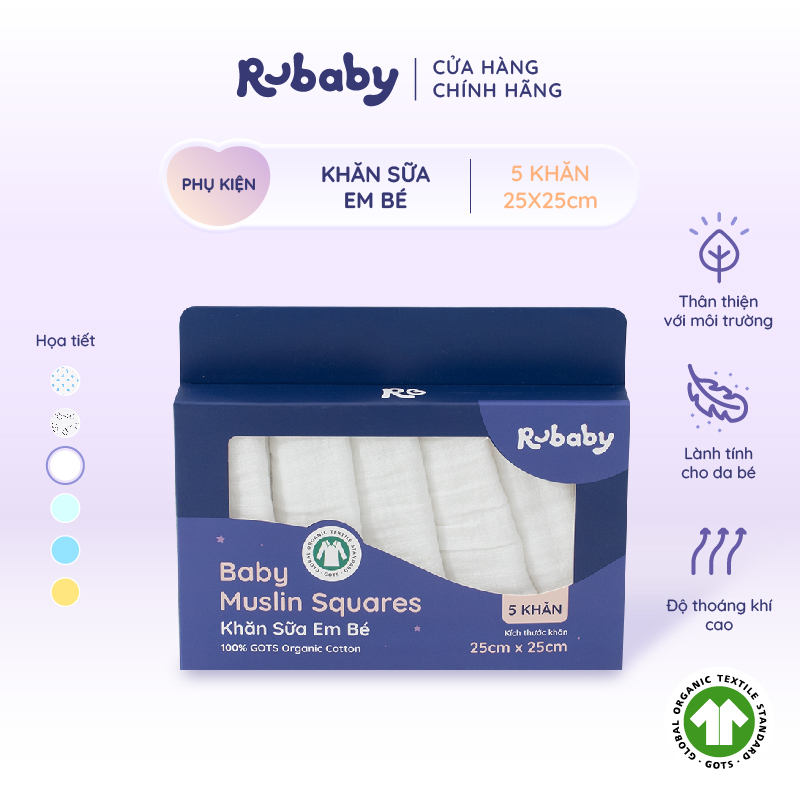 Khăn Sữa Em Bé Rubaby, Chất Liệu 100% Cotton Mềm Mại Thoáng Mát, Nâng Niu Bé, Set 5 Chiếc - Nhiều Họa Tiết