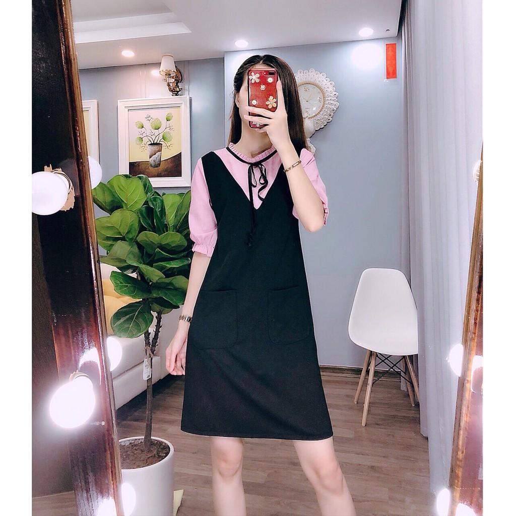 Đầm liền suông phối màu thắt nơ cổ DVCC