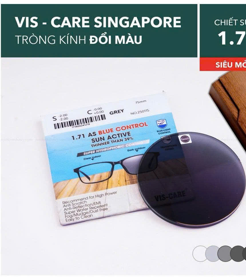 Tròng kính viscare siêu mỏng 1.71 cận/viễn/loạn đổi màu chống ánh sáng xanh chính hãng mắt kính OURESS