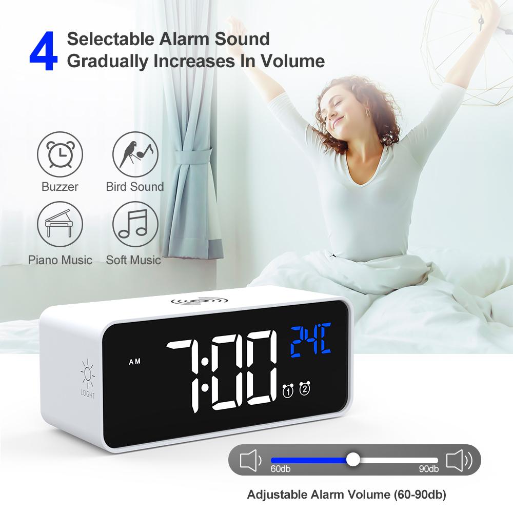 3 trong 1 Đồng hồ báo thức bàn đèn LED kỹ thuật số nhiệt kế 15W Bộ sạc không dây với Qi không dây Sạc điện báo động điện báo động
