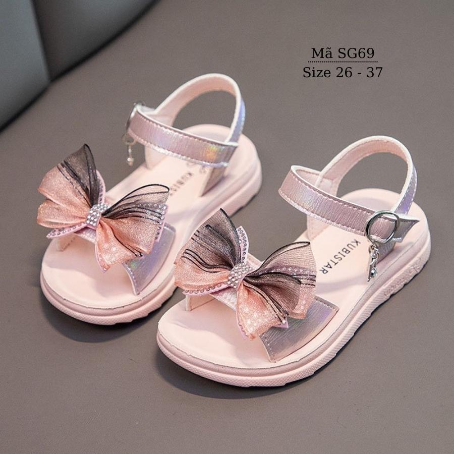 Dép quai hậu sandal bé gái đi học da mềm đế êm kiểu dán tiện dụng gắn nơ công chúa điệu tím hồng cho trẻ em nữ 3 - 12 tuổi NHÍM SHOP SG69