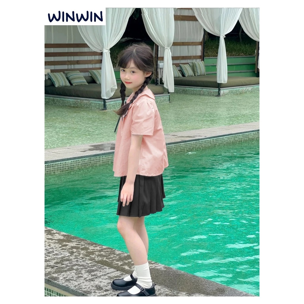 Set Váy Bé Gái, Bộ Bé Gái Phong Cách Học Sinh Áo Kate Cổ Sen Đính Nơ Kèm Chân Váy Xếp Ly Từ 12-45kg Dành Cho Bé Gái