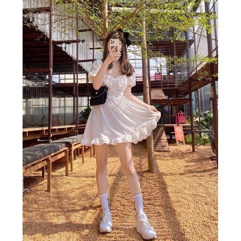 Đầm Trắng Cổ Tim Tay Bồng bo Eo Viền Bèo