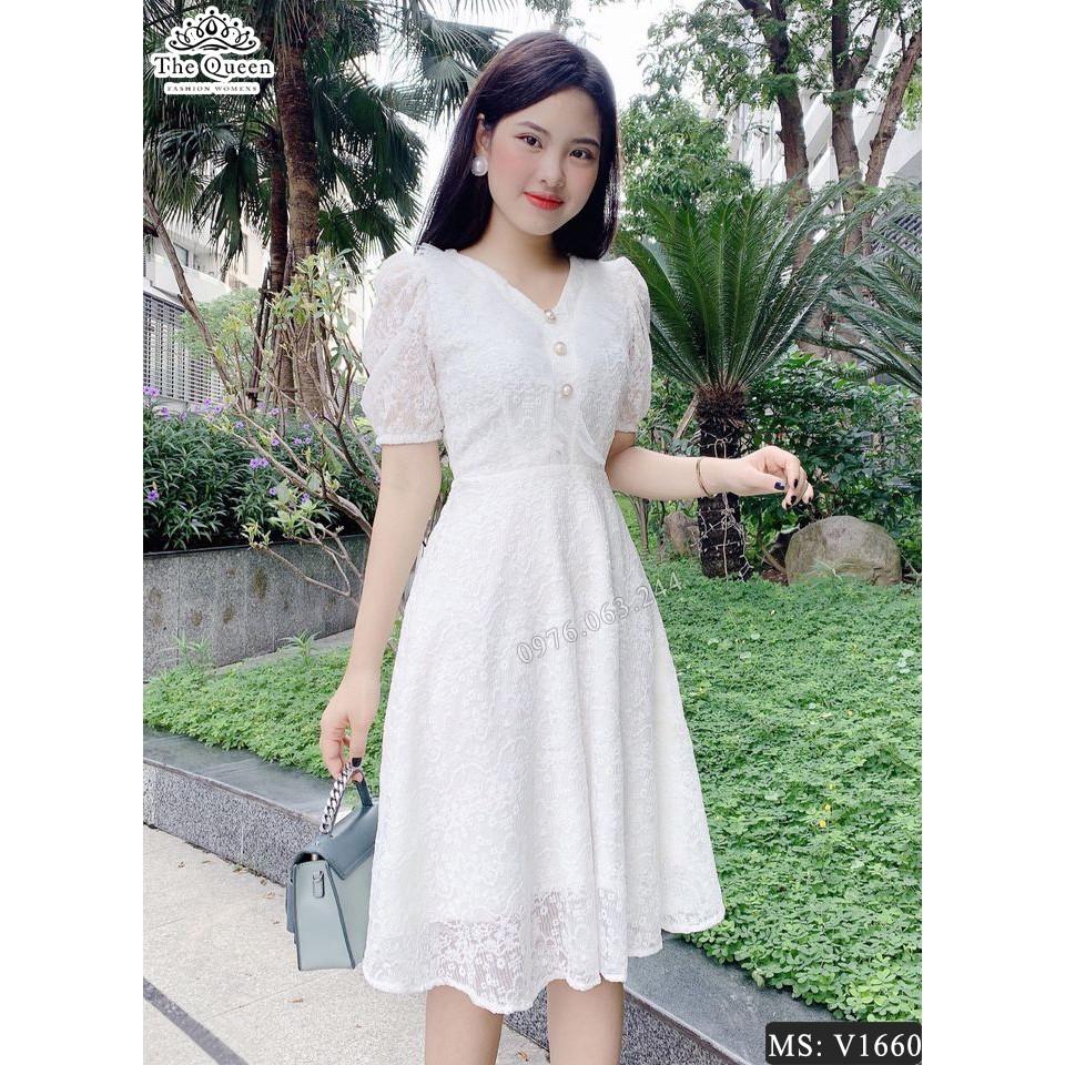 Váy ren dáng xòe cổ V tay ngắn V1660 màu trắng - The Queen Fashion
