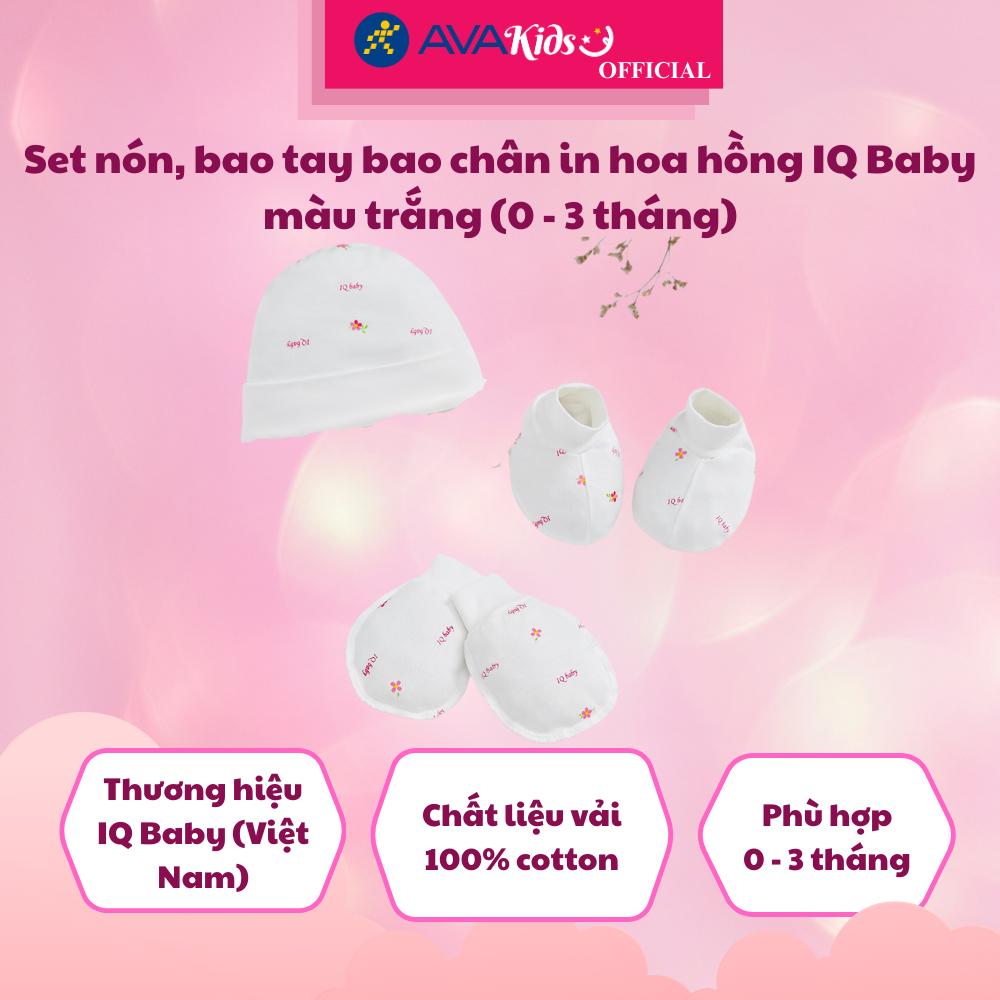 Set nón, bao tay bao chân in hoa hồng IQ Baby màu trắng (0 - 3 tháng) - Hàng Chính Hãng