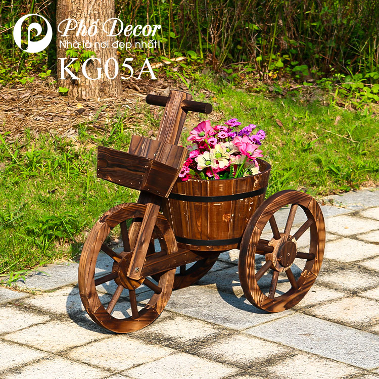 Kệ gỗ sân vườn trồng cây ngoài trời có bánh xe thiết kế kiểu dáng xe đạp vintage có chậu gỗ trồng hoa cây cảnh đẹp mắt - Kệ gỗ Keria KG05