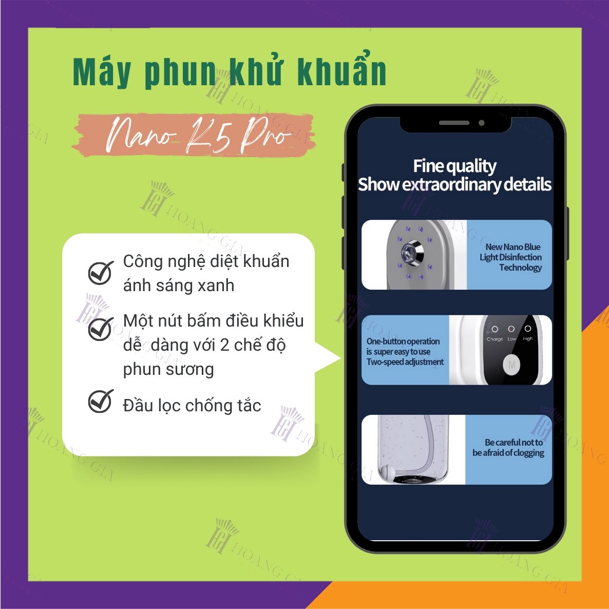 Máy Phun Khử Khuẩn Nano K5 PRO Hoàng Gia Công Suất Lớn Không Dây Cầm Tay - HÀNG CHÍNH HÃNG - Pin siêu bền 2 Chế Độ Phun Với Chùm 8 Đèn Led UV Khử Trùng Sạch Vi Khuẩn - Thiết Kế Nhỏ Gọn - Dạng Sạc Pin Di Động, Dễ Dùng 